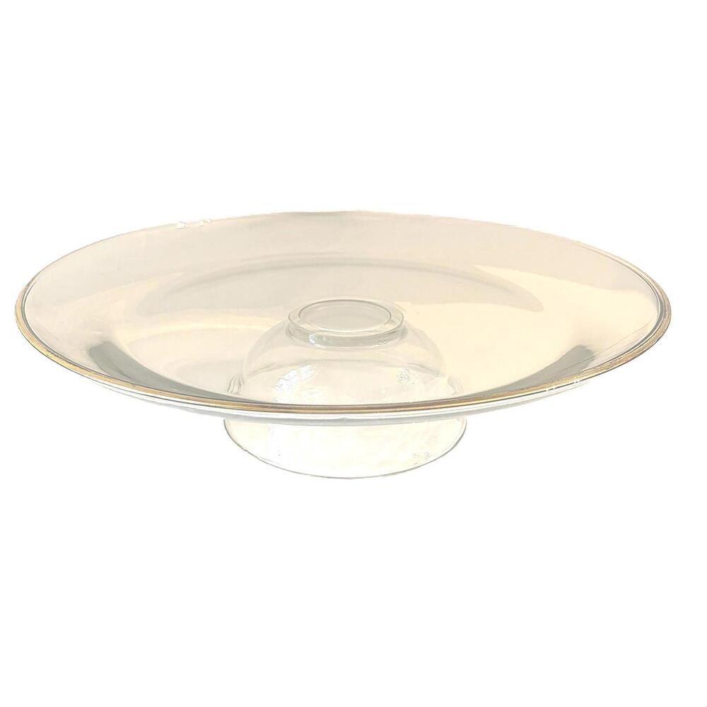 Anchor Hocking clear glass cake stand with gold rim and pedestal base.